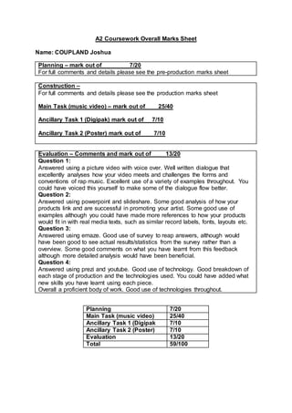 A2 Coursework Overall Marks Sheet
Name: COUPLAND Joshua
Planning – mark out of 7/20
For full comments and details please see the pre-production marks sheet
Construction –
For full comments and details please see the production marks sheet
Main Task (music video) – mark out of 25/40
Ancillary Task 1 (Digipak) mark out of 7/10
Ancillary Task 2 (Poster) mark out of 7/10
Evaluation – Comments and mark out of 13/20
Question 1:
Answered using a picture video with voice over. Well written dialogue that
excellently analyses how your video meets and challenges the forms and
conventions of rap music. Excellent use of a variety of examples throughout. You
could have voiced this yourself to make some of the dialogue flow better.
Question 2:
Answered using powerpoint and slideshare. Some good analysis of how your
products link and are successful in promoting your artist. Some good use of
examples although you could have made more references to how your products
would fit in with real media texts, such as similar record labels, fonts, layouts etc.
Question 3:
Answered using emaze. Good use of survey to reap answers, although would
have been good to see actual results/statistics from the survey rather than a
overview. Some good comments on what you have learnt from this feedback
although more detailed analysis would have been beneficial.
Question 4:
Answered using prezi and youtube. Good use of technology. Good breakdown of
each stage of production and the technologies used. You could have added what
new skills you have learnt using each piece.
Overall a proficient body of work. Good use of technologies throughout.
Planning 7/20
Main Task (music video) 25/40
Ancillary Task 1 (Digipak 7/10
Ancillary Task 2 (Poster) 7/10
Evaluation 13/20
Total 59/100
 