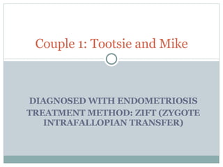 DIAGNOSED WITH ENDOMETRIOSIS TREATMENT METHOD: ZIFT (ZYGOTE INTRAFALLOPIAN TRANSFER) Couple 1: Tootsie and Mike 
