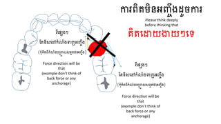 រឺធ្សេងៗ
ហតទិសធ្ៅកំលំងទាញអញ្ចឹង
(កុំគិតពីកំលំងបត្ចា សសនេតថាអញ្ចឹង)
ការពិតមិនអញ្ចឹងដូចការ
គិតធ្ោយងាយៗធ្ទ
រឺធ្សេងៗ
ហតទិសធ្ៅកំលំងទាញអញ្ចឹង
(កុំគិតពីកំលំងបត្ចា សសនេតថាអញ្ចឹង)
Please think deeply
before thinking that
Force direction will be
that
(example don’t think of
back force or any
anchorage)
Force direction will be
that
(example don’t think of
back force or any
anchorage)
 