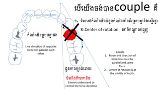 ធ្បើធ្យើងចង់បានcouple គឺ
១. ទិសធ្ៅកំលំងនិងចំនួនកំលំងទាំងពីរត្សបគ្នា និងធ្សេើរគ្នា
២.​
Center of rotation ធ្ៅចំកណ្ត
ត លធ្មេញ
កំលំងមិនត្សបគ្នា សង
Couple
1. Force and direction of
force line must be
parallel and same
force.
2. Center of rotation is at
the middle of tooth.
Line direction of opposite
force not parallel each
other
ជួនកាលត្តង់ធ្ោយ
មិនដឹងពីធ្មកានិច
Cannot understand or
control the force direction
 