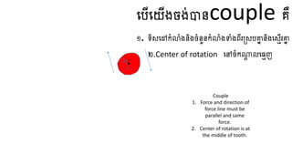 ធ្បើធ្យើងចង់បានcouple គឺ
១. ទិសធ្ៅកំលំងនិងចំនួនកំលំងទាំងពីរត្សបគ្នា និងធ្សេើរគ្នា
២.​
Center of rotation ធ្ៅចំកណ្ត
ត លធ្មេញ
CR
Couple
1. Force and direction of
force line must be
parallel and same
force.
2. Center of rotation is at
the middle of tooth.
 