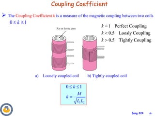 ‹#›
Eeng 224
Coupling Coefficient
a) Loosely coupled coil b) Tightly coupled coil
1 2
0 1
k
M
k
L L
 

 The Coupling Coefficient k is a measure of the magnetic coupling between two coils
0 1
k
 
1 Perfect Coupling
0.5 Loosly Coupling
0.5 Tightly Coupling
k
k
k



 
