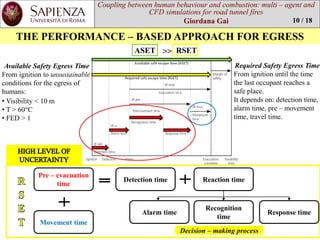 Coupling between human behaviourand combustion: multi –agent and CFD simulations for road tunnel fires 
Giordana Gai 
ASET 
AvailableSafetyEgressTime 
Fromignitiontounsustainableconditionsforthe egressofhumans: 
RequiredSafetyEgressTime 
Fromignitionuntil the time the last occupant reaches a safe place. 
It depends on: detection time, alarmtime, pre–movementtime, traveltime. 
THE PERFORMANCE –BASED APPROACH FOR EGRESS 
•Visibility< 10 m 
•T > 60°C 
•FED > 1 
Pre–evacuationtime 
Detection time 
Reactiontime 
Alarmtime 
Recognitiontime 
Responsetime 
Decision–makingprocess 
Movementtime 
RSET 
>> 
10 / 18  