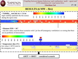 Coupling between human behaviourand combustion: multi –agent and CFD simulations for road tunnel fires 
Giordana Gai 
RESULTS (6 MW –fire) 
17 / 18 
•Visibility _ soot [m] at z = 1.6 m 
high visibility upstream the fire source during the egress time 
ASET >> RSET considered scenario 
•Humans FED 10-5 
very low value, even for those scenarios with 1 jet fan off (emergency ventilation is so strong that there are no problems of intoxication) 
•Temperature slice [°C] 
low value (< 60°C) next to the emergency exit  