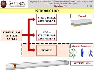Coupling between human behaviourand combustion: multi –agent and CFD simulations for road tunnel fires 
Giordana Gai 
NON – STRUCTURAL COMPONENT 
Tunnel 
INTRODUCTION 
Human behaviour 
2 / 18 
STRUCTURAL 
SYSTEM 
SAFETY 
STRUCTURAL COMPONENT 
PEOPLE 
ACTION : Fire  