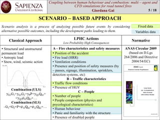ClassicalApproach 
LPHCActions 
Low ProbabilityHigh Consequences 
Normative 
•Structuraland unstructuralpermanentload 
•Antropicload 
•Snow, wind, seismicaction 
Combination(ULS) G1G1+G2G2+PP+Q1Qk1+ 
+Q202Qk2+… 
Combination(SLS) 
G1+G2+P+11Qk1+22Qk2+… 
A –Firecharacteristicsandsafetymeasures 
•Positionofthe accident 
•Fireload(HRR) 
•Ventilationconditions 
•Presenceand position ofsafetymeasures(by–passes, signage, illumination, sprinklers, detection systems, etc) 
B –Trafficcharacteristics 
•Trafficflow conditions 
•PresenceofHGV 
C –People 
•Numberofpeople 
•People composition(physicsand psycologicalcharacteristics) 
•Humanbehaviour 
•Panicand familiaritywiththe structure 
•Presenceofdisabledpeople 
ANAS Circular2009 (basedon D.Lgs264/2006 and Directive2004/54/EC) 
Coupling between human behaviourand combustion: multi –agent and CFD simulations for road tunnel fires 
Giordana Gai 
SCENARIO –BASED APPROACH 
5 / 18 
Fixeddata 
Variablesdata 
Scenarioanalysisisaprocessofanalyzingpossiblefutureeventsbyconsideringalternativepossibleoutcomes,includingthedevelopmentpathsleadingtothem.  