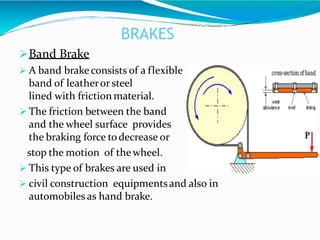 BRAKES
Band Brake
 A band brake consists of a flexible
band of leatheror steel
lined with friction material.
 The friction between the band
and the wheel surface provides
the braking force todecrease or
stop the motion of the wheel.
 This type of brakes are used in
 civil construction equipmentsand also in
automobiles as hand brake.
 