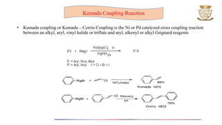 • Kumada coupling or Kumada – Corriu Coupling is the Ni or Pd catalyzed cross coupling reaction
between an alkyl, aryl, vinyl halide or triflate and aryl, alkenyl or alkyl Grignard reagents
Kumada Coupling Reaction
 