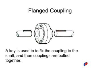 Flanged Coupling
A key is used to to fix the coupling to the
shaft, and then couplings are bolted
together.
 