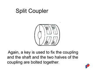 Split Coupler
Again, a key is used to fix the coupling
and the shaft and the two halves of the
coupling are bolted together.
 