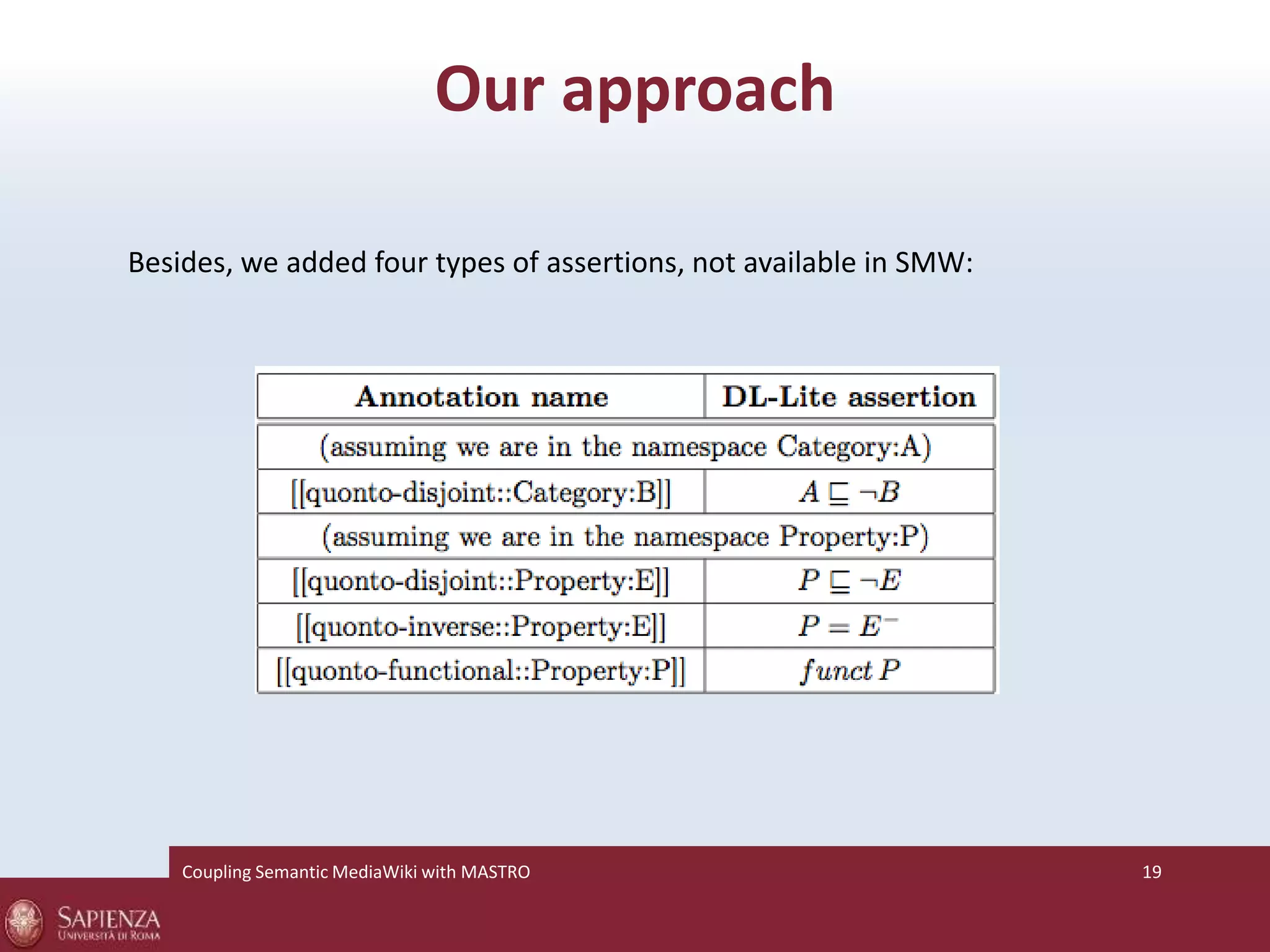 Our approach 
Besides, we added four types of assertions, not available in SMW: 
Coupling SemanticMediaWiki with MASTRO 19 
 
