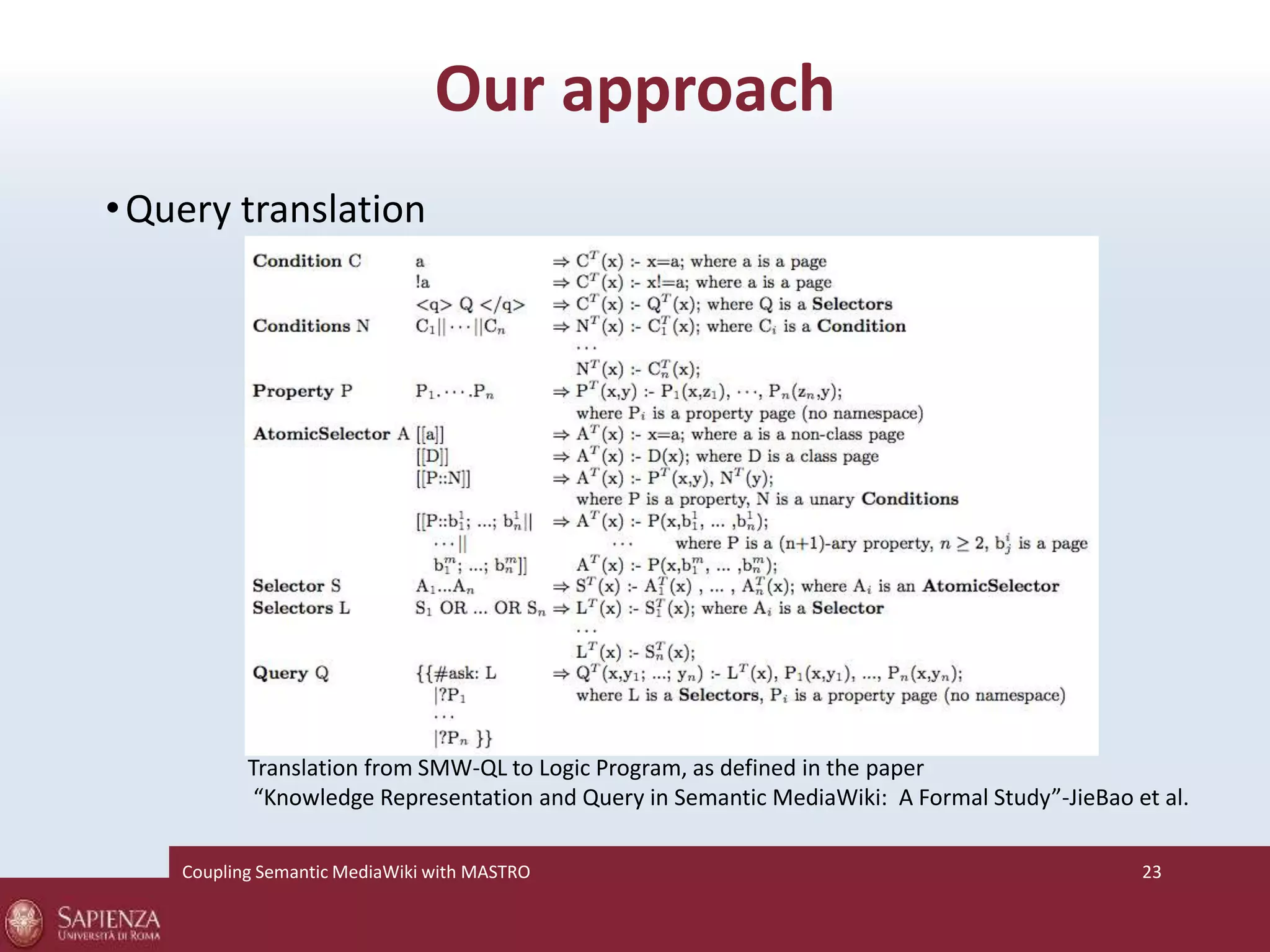 Our approach 
•Query translation 
Translation from SMW-QL to Logic Program, as defined in the paper 
“Knowledge Representation and Query in Semantic MediaWiki: A Formal Study”-JieBao et al. 
Coupling SemanticMediaWiki with MASTRO 23 
 
