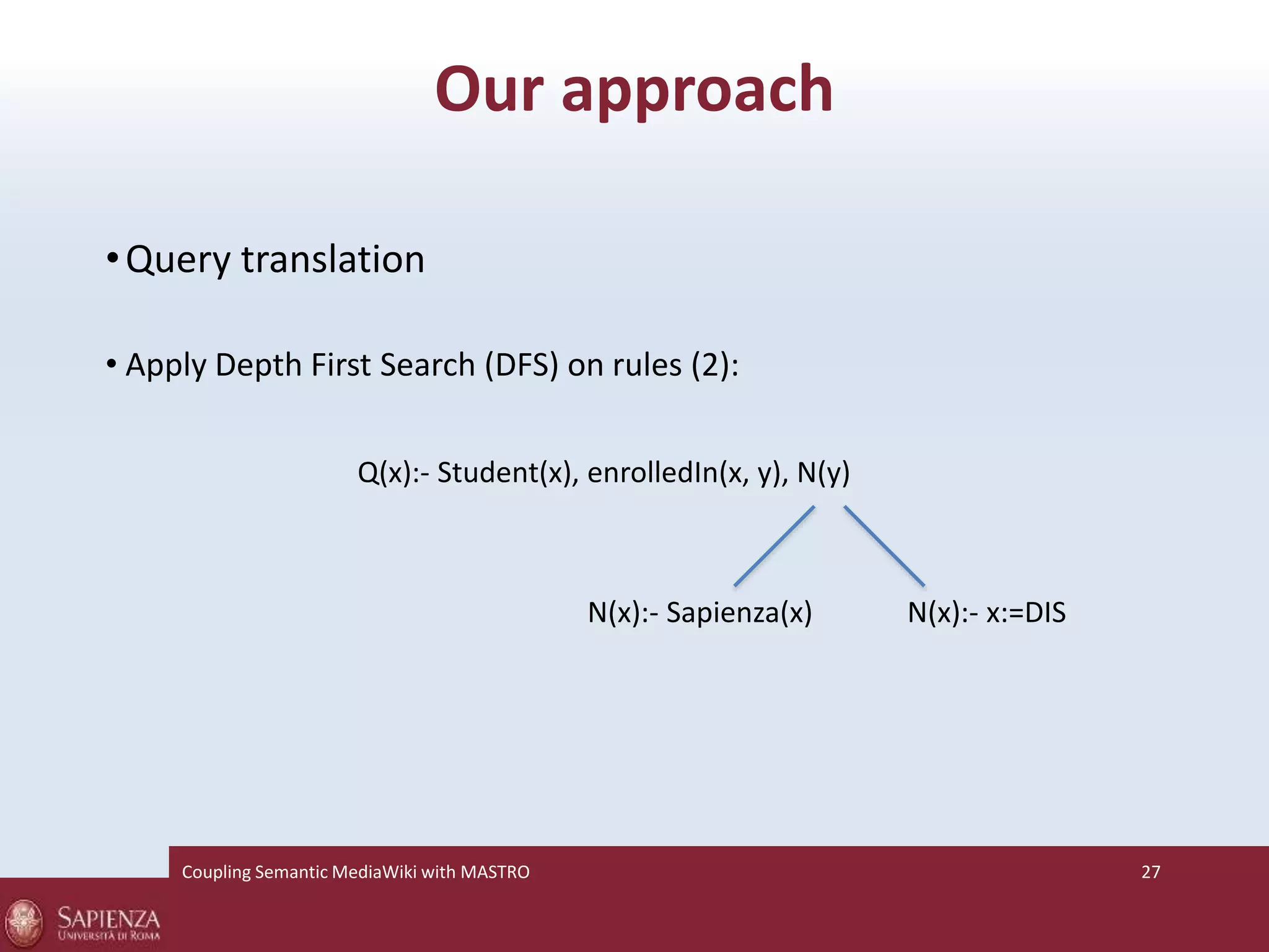 Our approach 
•Query translation 
• Apply Depth First Search (DFS) on rules (2): 
Q(x):- Student(x), enrolledIn(x, y), N(y) 
N(x):- Sapienza(x) N(x):- x:=DIS 
Coupling SemanticMediaWiki with MASTRO 27 
 