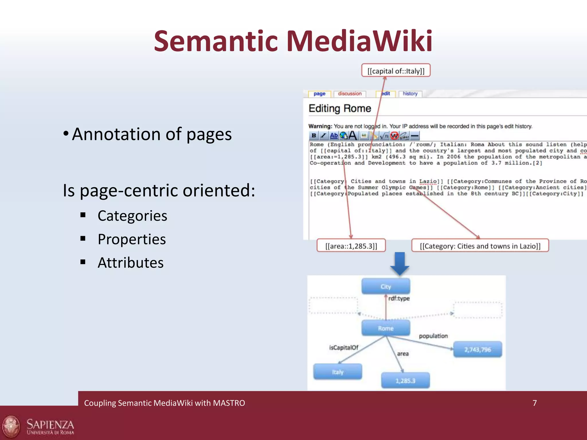 Semantic MediaWiki 
• Annotation of pages 
Is page-centric oriented: 
 Categories 
 Properties 
 Attributes 
Coupling SemanticMediaWiki with MASTRO 7 
 