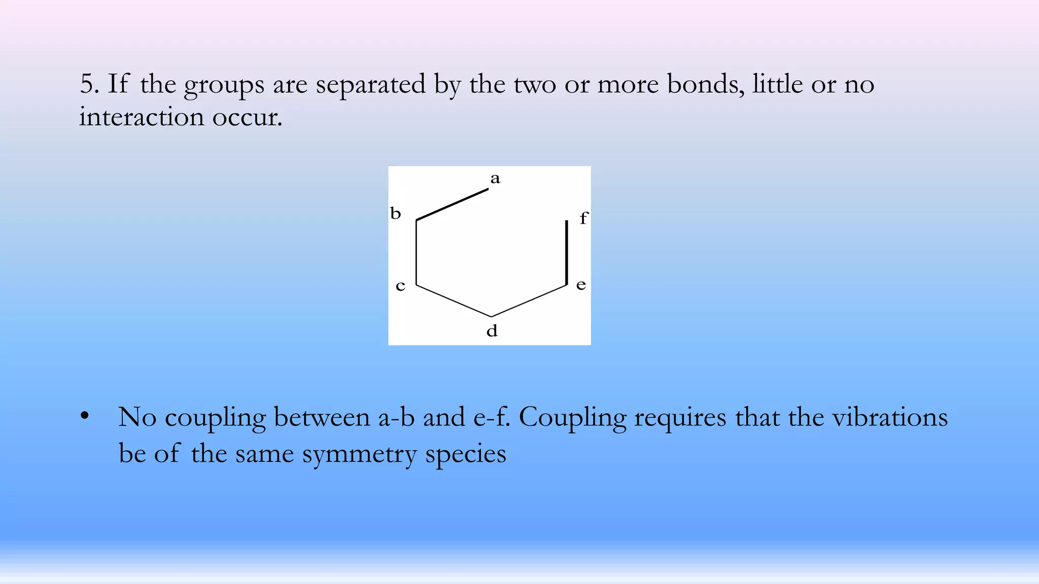 5. If the groups are separated by the two or more bonds, little or no
interaction occur.
a
b
c
d
e
f
• No coupling between a-b and e-f. Coupling requires that the vibrations
be of the same symmetry species
 