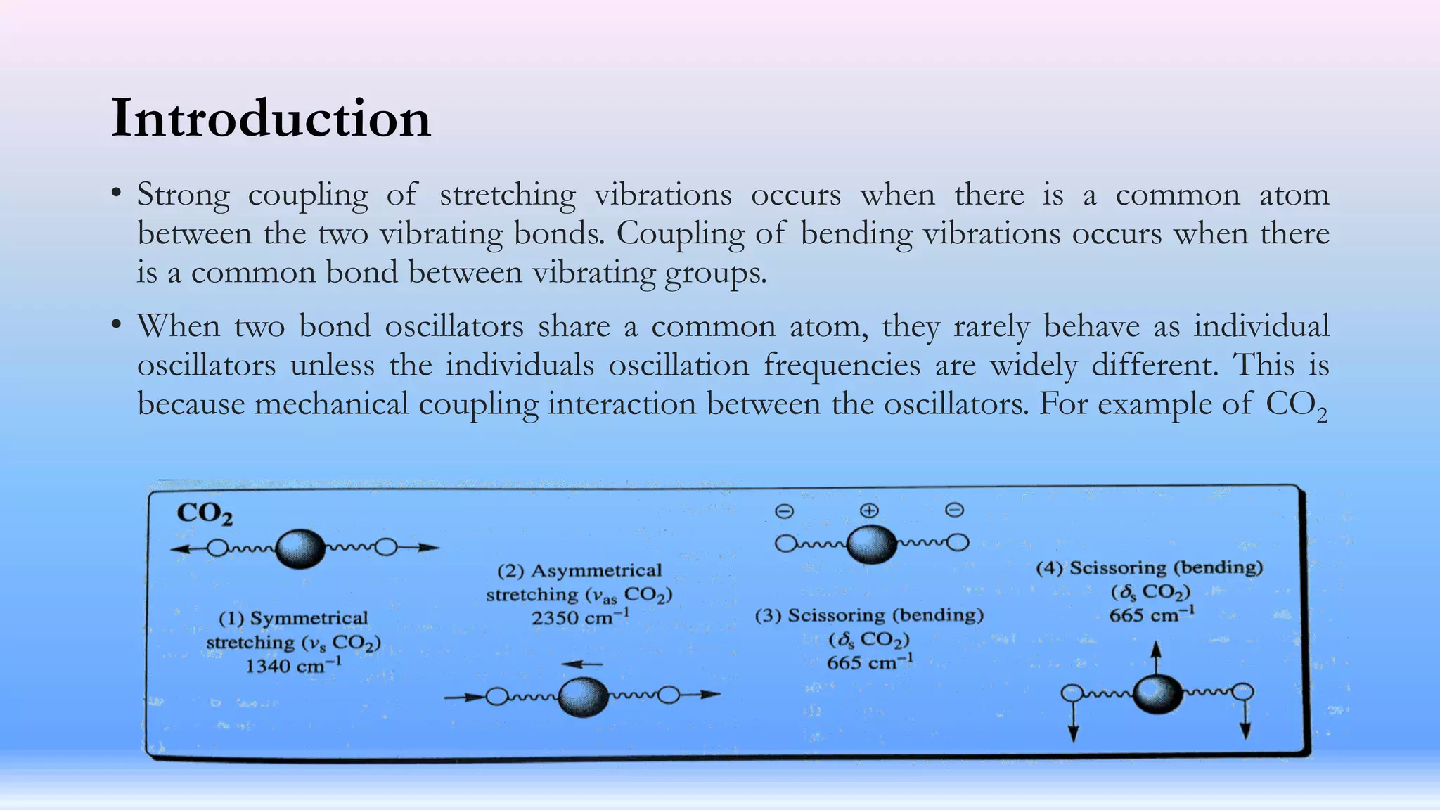 Introduction
• Strong coupling of stretching vibrations occurs when there is a common atom
between the two vibrating bonds. Coupling of bending vibrations occurs when there
is a common bond between vibrating groups.
• When two bond oscillators share a common atom, they rarely behave as individual
oscillators unless the individuals oscillation frequencies are widely different. This is
because mechanical coupling interaction between the oscillators. For example of CO2
 