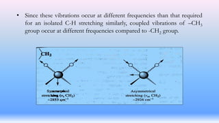 • Since these vibrations occur at different frequencies than that required
for an isolated C-H stretching similarly, coupled vibrations of –CH3
group occur at different frequencies compared to -CH2 group.
 