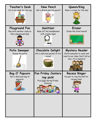 Teacher’s Desk
Sit at my desk for the day
New Pencil
Get a Brand new fun pencil!
Queen/King
Wear a crown for the day!
Playground Fun
Play with another class on
their playground day!
Sanitizer
Wipe off the headphones
with a baby wipe!
Eraser
Erase the front board!
Patio Sweeper
Sweep the patio!
Chocolate Delight
Get a delicious packet of hot
cocoa!
Mystery Reader
Invite someone to come and
read to our class. Don’t tell us
who…it’s a mystery!
Bag O’ Popcorn
Get a delicious bag of
popcorn!
Fun Friday Centers
top pick!
Pick first during Friday
Centers!
Recess Ringer
You get to ring the bell for
recess time!
 