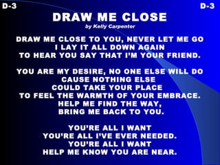 D-3 D-3 DRAW ME CLOSE by Kelly Carpenter   DRAW ME CLOSE TO YOU, NEVER LET ME GO I LAY IT ALL DOWN AGAIN TO HEAR YOU SAY THAT I’M YOUR FRIEND. YOU ARE MY DESIRE, NO ONE ELSE WILL DO CAUSE NOTHING ELSE  COULD TAKE YOUR PLACE   TO FEEL THE WARMTH OF YOUR EMBRACE. HELP ME FIND THE WAY, BRING ME BACK TO YOU. YOU’RE ALL I WANT YOU’RE ALL I’VE EVER NEEDED. YOU’RE ALL I WANT HELP ME KNOW YOU ARE NEAR. 