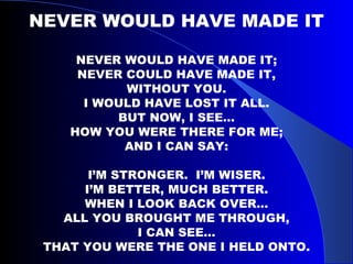NEVER WOULD HAVE MADE IT NEVER WOULD HAVE MADE IT; NEVER COULD HAVE MADE IT, WITHOUT YOU. I WOULD HAVE LOST IT ALL. BUT NOW, I SEE… HOW YOU WERE THERE FOR ME; AND I CAN SAY: I’M STRONGER.  I’M WISER. I’M BETTER, MUCH BETTER. WHEN I LOOK BACK OVER… ALL YOU BROUGHT ME THROUGH, I CAN SEE… THAT YOU WERE THE ONE I HELD ONTO. 