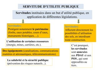 SERVITUDE D’UTILITE PUBLIQUE
Servitudes instituées dans un but d’utilité publique, en
application de différentes législations.
Servitudes:
Protègent notamment le patrimoine
(forêts, eaux potables, cours d’eaux,
monuments historiques, ...).
Des équipements (canalisations, communications
routières et aéronautiques, télécommunications).
L’utilisation de certaines ressources
(énergie, mines, carrières, etc.).
La salubrité et la sécurité publique
(prévention des risques naturels...).
Servitudes:
Affectent directement les
possibilités d’utilisation
des sols, en interdisant
toute construction.
C’est pourquoi,
les servitudes
sont annexées
aux PDAU et aux
POS , qui sont
opposables au
tiers.
 
