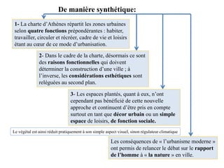 3- Les espaces plantés, quant à eux, n’ont
cependant pas bénéficié de cette nouvelle
approche et continuent d’être pris en compte
surtout en tant que décor urbain ou un simple
espace de loisirs, de fonction sociale.
2- Dans le cadre de la charte, désormais ce sont
des raisons fonctionnelles qui doivent
déterminer la construction d’une ville ; à
l’inverse, les considérations esthétiques sont
reléguées au second plan.
De manière synthétique:
1- La charte d’Athènes répartit les zones urbaines
selon quatre fonctions prépondérantes : habiter,
travailler, circuler et récréer, cadre de vie et loisirs
étant au cœur de ce mode d’urbanisation.
Le végétal est ainsi réduit pratiquement à son simple aspect visuel, sinon régulateur climatique
Les conséquences de « l’urbanisme moderne »
ont permis de relancer le débat sur le rapport
de l’homme à « la nature » en ville.
 
