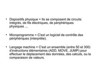 Dispositifs physique = Ils se composent de circuits intégrés, de fils électriques, de périphériques physiques ... Microprogramme = C'est un logiciel de contrôle des périphériques (interprête). Langage machine = C'est un ensemble (entre 50 et 300) d'instructions élémentaires (ADD, MOVE, JUMP) pour effectuer le déplacement des données, des calculs, ou la comparaison de valeurs. 
