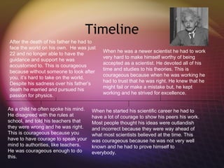Timeline As a child he often spoke his mind. He disagreed with the rules at school, and told his teachers that they were wrong and he was right. This is courageous because you have to have courage to speak your mind to authorities, like teachers. He was courageous enough to do this. After the death of his father he had to face the world on his own.  He was just 22 and no longer able to have the guidance and support he was accustomed to. This is courageous because without someone to look after you, it’s hard to take on the world. Despite his sadness over his father’s death he married and pursued his passion for physics.  When he started his scientific career he had to have a lot of courage to show his peers his work. Most people thought his ideas were outlandish and incorrect because they were way ahead of what most scientists believed at the time. This was courageous because he was not very well known and he had to prove himself to everybody.  When he was a newer scientist he had to work very hard to make himself worthy of being accepted as a scientist. He devoted all of his time and studies to his theories. This is courageous because when he was working he had to trust that he was right. He knew that he might fail or make a mistake but, he kept working and he strived for excellence.  