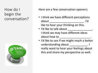 How do I
begin the
conversation?
Here are a few conversation openers:
• I think we have different perceptions
about _____________________. I’d
like to hear your thinking on this.
• I’d like to talk about _______________.
I think we may have different ideas
about how to ___________________.
• I’d like to see if we might reach a better
understanding about ___________. I
really want to hear your feelings about
this and share my perspective as well.
 