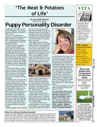 ‘The Meat & Potatoes
of Life’
A week ago, my life was normal. I
showered regularly. I ran errands. I
cooked and cleaned. I watched TV. I
slept in a bed.
And then, my husband and I
drove from our base house at Naval
Station Newport to a cranberry
farm in Massachusetts, and picked
up a wriggling ball of fur that has
changed everything.
We felt a twinge of guilt taking
an eight-week-old Labrador re-
triever away from his littermates,
with whom he had spent his days
snuggling and tussling. But ever
since the death of our beloved dog
Dinghy, who saw us through deploy-
ments, PCS moves, and an overseas
tour, we knew another dog would
enhance our family. So we wrapped
the puppy in a blanket and nuzzled
him all the way home, happily igno-
rant of the chaos that was about to
ensue.
We named him “Moby,” a tribute
to our tour of duty in nautical New
England. However, other apt labels
have occurred to us this past week,
as we have learned the multiple
facets of our new puppy’s complex
personality.
Puddle Maker has christened every
rug in our house, and we’re now
considering buying stock in puppy
training pads. Kibble Gobbler inhales
scoops of puppy food as if he is a
starving prisoner, usually with one
paw plopping in his water dish.
Spawn of Cujo has an active period
after meals, involving relentless
ankle biting, broom chasing, and
upholstery shredding. During this
time, we can’t approach Staple Gun
for fear that, what might seem like
a sweet lick on the nose will turn
out to be a needle-teeth lancing of
that sensitive area just inside the
nostrils.
Sweater Snagger sinks his fishhook
nails into us when we carry him
down the porch steps for potty time.
Although he seems to know what is
expected of him, Little Con Artist en-
joys delaying the potty process long
enough that we are forced to stand
out in the cold while he innocently
plays in the mud.
After following me around the
house biting my shoes, Limp Noodle
insists on taking a nap while laying
over my feet. I sit motionless so as
to not incite further mayhem, while
the housework doesn’t get done,
food doesn’t get cooked, and I don’t
shower. This is generally the time
that our base neighbors come by
to see the newest member of our
family. They all remark at how calm
Little Faker is, and ask me why I’m
looking so bedraggled these days.
After the fourth night sleeping on
the floor beside the dog crate, I
needed a break from Puppet Mas-
ter. Just like the dog training book
instructed, I gave him a special treat
and put him in the playpen we’d
assembled in the kitchen. I praised
him, closed the gate, and left to
drive the girls to school.
Fifteen minutes later, my base
neighbor called. “What are you do-
ing to that poor dog?!,” he blurted,
explaining that he could hear inces-
sant yelping through the thick walls
of our shared duplex.
I rushed home to find that Mr.
Passive Aggressive “made a deposit”
in his playpen in protest over being
left alone. But that’s not the half of
it. Canine Picasso also smeared it all
over the floor, rug, bed, gate, toys
and himself. Needless to say, I spent
the rest of the morning scrubbing
and disinfecting, and although ev-
erything looks clean, we may need
to deworm the children just in case.
At first, I thought Moby was the
one with the personality disorder,
but I realize that it’s me who’s lost
a grip on reality. I’ve transformed
from Navy Mom to Pin Cushion,
Pooper Scooper, Feed Bag and Per-
sonal Slave. I’m so delusional that,
despite multiple contusions, baggy
eyes, and a complete loss of hy-
giene standards, I’m utterly blinded
by love.
Call me crazy, because in my mind,
Moby is The Cutest Thing On The
Face of This Earth.
April2,2015SeabeeCourier
9
NCBC Gulfport
Commissary hours:
Sunday, 11 a.m. -
6 p.m.; Monday,
CLOSED; Tuesday,
9 a.m. - 7 p.m.;
Wednesday, 9 a.m. -
6 p.m.; Thursday, 9 a.m.
- 7 p.m.; Friday, 9 a.m. -
6 p.m. and Saturday,
9 a.m. - 6 p.m.
Puppy Personality Disorder
By Lisa Smith Molinari
Special Contributor
A 21-year Navy spouse, Lisa
and her family are currently
stationed in Newport, RI.
Her self-syndicated columns
appear on her blog, www.
themeatandpotatoesoflife.
com, and she recently co-
authored Stories Around the
Table: Laughter, Wisdom,
and Strength in Military Life.
Follow Lisa @MolinariWrites.”
Stars and
Stripes Golf
Tournament
for USO Gulf
Coast
Hickory Hill Country Club
900 Hickory Hill Drive
Gautier
April 25
Registration/Breakfast:
7 a.m., Shotgun
start: 8 a.m.
4 Person Scramble
Entry Fee: $300 per 4 per-
son team ($75 per player)
Includes breakfast, greens
fee, cart fee, range balls and
lunch. Visit https://usostar-
sandstripes.eventbrite.com
to register on line or contact
Bobby Lamb (robert.lamb@
hii-ingalls.com; 228-935-
1277 or 228-257-9420
It’s not too late! VITA
(Volunteer Income
Tax Assistance) is
offered on board
NCBC Gulfport and
located in Building 60,
room 116Z. Hours of
operation are 8 a.m.
– 4 p.m., Monday –
Friday. To make an
appointment, call
228-871-2620.
VITA
New to military family housing?
Did you know that OPNAVINST 11320.23G requires housing residents to attend a Fire
Safety brief within 30 days of moving into base housing? Briefs, which last no more
than an hour, are held in the Seabee Memorial Chapel on the first and third Wednes-
day or the month at 3:30 p.m. If you have not attended a brief yet, plan to do so. If
you are unable to attend, call the Fire Chief, 228-871-3117 to discuss your situation.
MOBY
 