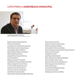 José Augusto Brito Pacheco
Professor Catedrático da Universidade do Minho
Maria do Céu da Cunha
Américo Carlos Fernandes Pinto
Marlene Isabel Vaz Barbosa
Carlos Alberto Pereira de Caldas
Maria Henriqueta Guedes Vieira Teixeira Pereira
Mário de Sá Fernandes
Natália Peres Alves
José Filipe da Rocha Brito
Maria Clementina da Rocha Rodrigues
Maria das Dores Serer Viana
António Carlos de Carvalho Barreiro
Maria Augusta da Cunha Oliveira
Abel João de Sousa
Cristina Maria Rodrigues Araújo
Júlio Amorim dos Reis
Domingos José da Cunha Ribas
Rosalina Maria Barbosa Martins
Manuel José Miranda
Luísa Maria da Costa Gomes de Castro
Perfeita Barreiro de Araújo Esteves
José Augusto Amorim Oliveira
Eduardo Daniel Esteves Cerqueira
Palmira Ribeiro da Costa
Iolanda Maria Cerqueira Pereira
Ivan Mata Morais
Baltasar de Castro Fernandes
Isabel Maria Marques Nolasco Silva Vaz
Manuel Joaquim da Costa Tinoco
Cristina de Fátima Alves Pereira
Joaquim Carlos Pereira Barros
Ana Teresa de Jesus Gachineiro
José Manuel Gonçalves Dias
António Henrique de Almodôvar Bernardo
LISTA PARA A ASSEMBLEIA MUNICIPAL
 