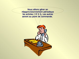 Nous allons gérer en
réapprovisionnement périodique
 les articles I M S Q. Les autres
 seront au point de commande.
 