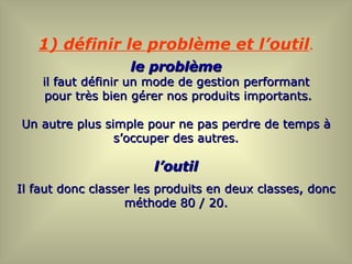 1) définir le problème et l’outil.
                   le problème
    il faut définir un mode de gestion performant
     pour très bien gérer nos produits importants.

Un autre plus simple pour ne pas perdre de temps à
                s’occuper des autres.

                       l’outil
Il faut donc classer les produits en deux classes, donc
                   méthode 80 / 20.
 