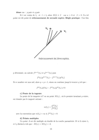 4ème cas : p pair et q pair
        Si t est voisin de to et t  to alors M (t) ∈ I car α  0 et β  0 .Un tel
point est dit point de rebroussement de seconde espèce. Règle pratique : Une fois




p déterminé, on calcule f (p+1) (to ) et g (p+1) (to ) puis

                                f p (to )g (p+1) (to ) − f (p+1) (to )g p (to )

Si ce nombre est non nul, alors q = p + 1, sinon on continue jusqu'à trouver q tel que :

                                f (p) (to )g q (t0 ) − f (q) (to )g (p) (to ) = 0

         c) Pente de la tagente.
        La pente de la tangente à Γ en un point M (to ) , où le premier invariant p existe,
est donnée par le rapport suivant :


                                                         g (p) (to )
                                            m(to ) =
                                                         f (p) (to )

    avec la convention que m(to ) = ∞ si f (p) (to ) = 0.

         d) Points multiples.
         Un point A est dit multiple où double de la courbe paramètrée M si il existe t1
et t2 distincts tels que : M (t1 ) = M (t2 ) = A.

                                                      13
 