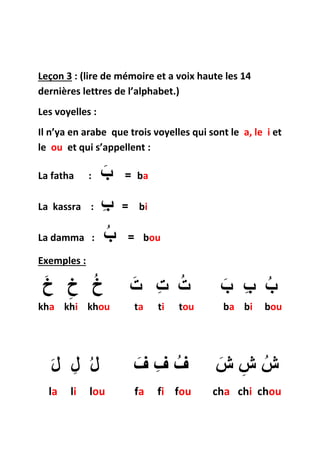 Leçon 3 : (lire de mémoire et a voix haute les 14 
dernières lettres de l’alphabet.) 
Les voyelles : 
Il n’ya en arabe que trois voyelles qui sont le a, le i et 
le ou et qui s’appellent : 
La fatha : ب = ba 
La kassra : ب = bi 
La damma : ب = bou 
Exemples : 
ب ب ب ت ت ت خ خ خ 
kha khi khou ta ti tou ba bi bou 
ش ش ش ف ف ف ل ل ل 
la li lou fa fi fou cha chi chou 
 
