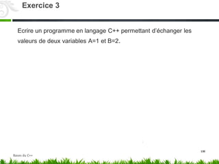 Ecrire un programme en langage C++ permettant d’échanger les
et B=2.
valeurs de deux variables A=1
130
Exercice 3
Bases du C++
 