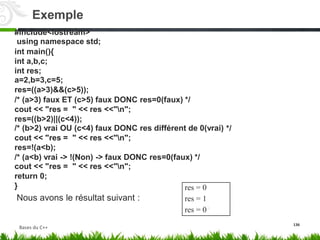 #include<iostream>
using namespace std;
int main(){
int a,b,c;
int res;
a=2,b=3,c=5;
res=((a>3)&&(c>5));
/* (a>3) faux ET (c>5) faux DONC res=0(faux) */
cout << "res = " << res <<"n";
res=((b>2)||(c<4));
/* (b>2) vrai OU (c<4) faux DONC res différent de 0(vrai)
cout << "res = " << res <<"n";
res=!(a<b);
*/
/* (a<b) vrai -> !(Non) -> faux DONC
cout << "res = " << res <<"n";
return 0;
res=0(faux) */
}
136
Nous avons le résultat suivant :
res = 0
res = 1
res = 0
Exemple
Bases du C++
 