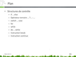 Plan
• Structures de contrôle
– if … else
– Opérateur ternaire … ?... : …
– switch … case
– for
– while
– do … while
– Instruction break
– Instruction continue
151
Bases du C++
 