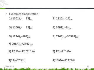 • Exemples d’application
1) 1101)2= 13)10 2) 1110)2=14)10
3) 1100)2= 12)10 4) 1001)2=9)10
5) 1234)8=668)10 6) 7765)16=30565)10
7) 098A)16=2442)10
1) 12 Mo=12 *210.Ko 2) 1To=220.Mo
3)1To=230Ko 4)10Mo=8*210bit
Bases du C++ 16
 