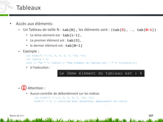 Tableaux
• Accès aux éléments:
– Un Tableau de taille N : tab[N], les éléments sont : {tab[0], …, tab[N-1]}
• Le ième element est : tab[i-1],
• Le premier élément est : tab[0],
• le dernier élément est : tab[N-1]
– Exemple :
int elem[7] = {-1, 0, 4, 6, 7, -23, -5};
int indice = 3;
cout << "Le " << indice << "ème élément du tableau est : " << T[indice-1];
• à l'exécution :
– Attention :
• Aucun contrôle de débordement sur les indices
int elem[7] = {-1, 0, 4, 6, 7, -23, -5};
elem[7] = 5; // autorisé mais dangereux, dépassement de limite
Le 3ème élément du tableau est : 4

187
Bases du C++
 