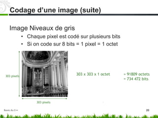 Image Niveaux de gris
• Chaque pixel est codé sur plusieurs bits
• Si on code sur 8 bits = 1 pixel = 1 octet
303 x 303 x 1 octet =
=
91809 octets
303 pixels
734 472 bits
303 pixels
20
Codage d’une image (suite)
Bases du C++
 