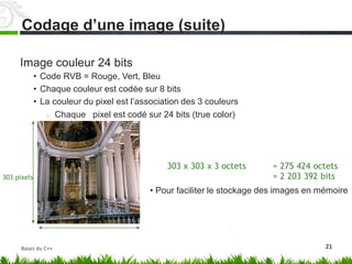 Image couleur 24 bits
• Code RVB = Rouge, Vert, Bleu
• Chaque couleur est codée sur 8 bits
• La couleur du pixel est‬l’association des 3 couleurs
o Chaque pixel est codé sur 24 bits (true color)
303 x 303 x 3 octets = 275 424 octets
= 2 203 392 bits
des images en mémoire
303 pixels
•‬Pour faciliter le stockage
21
Codage d’une image (suite)
Bases du C++
 