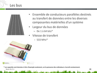 Les bus
• Ensemble de conducteurs parallèles destinés
au transfert de données entre les diverses
composantes matérielles d'un système
• Largeur du bus de données
– De 1 à 64 bits*
• Vitesse de transfert
– 533 MHz*
* Les capacités sont données à titre d’exemple seulement, car la puissance des ordinateurs s’accroît constamment.
28
Bases du C++
 