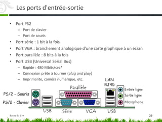 Les ports d'entrée-sortie
• Port PS2
– Port de clavier
– Port de souris
• Port série : 1 bit à la fois
• Port VGA : branchement analogique d'une carte graphique à un écran
• Port parallèle : 8 bits à la fois
• Port USB (Universal Serial Bus)
– Rapide : 480 Mbits/sec*
– Connexion prête à tourner (plug and play)
– Imprimante, caméra numérique, etc.
PS/2 - Souris
PS/2 - Clavier
LAN
RJ45
29
Bases du C++
 