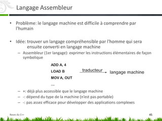Langage Assembleur
• Problème: le langage machine est difficile à comprendre par
l'humain
• Idée: trouver un langage compréhensible par l'homme qui sera
ensuite converti en langage machine
– Assembleur (1er langage): exprimer les instructions élémentaires de façon
symbolique
– +: déjà plus accessible que le langage machine
– -: dépend du type de la machine (n’est pas portable)
– -: pas assez efficace pour développer des applications complexes
ADD A, 4
LOAD B
MOV A, OUT
…
traducteur langage machine
45
Bases du C++
 