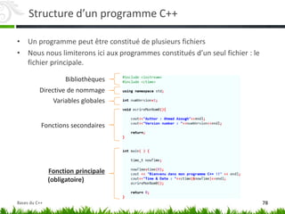 Structure d’un programme C++
• Un programme peut être constitué de plusieurs fichiers
• Nous nous limiterons ici aux programmes constitués d’un seul fichier : le
fichier principale.
Bibliothèques
Directive de nommage
Variables globales
Fonctions secondaires
Fonction principale
(obligatoire)
78
Bases du C++
 