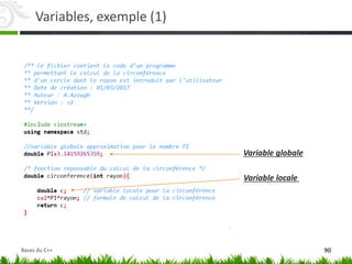 Variables, exemple (1)
Variable locale
Variable globale
90
Bases du C++
 