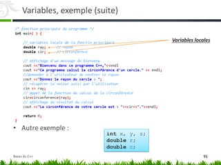 Variables, exemple (suite)
• Autre exemple :
Variables locales
int x, y, z;
double r;
double c;
91
Bases du C++
 