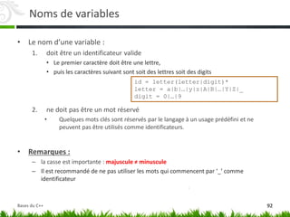 Noms de variables
• Le nom d’une variable :
1. doit être un identificateur valide
• Le premier caractère doit être une lettre,
• puis les caractères suivant sont soit des lettres soit des digits
2. ne doit pas être un mot réservé
• Quelques mots clés sont réservés par le langage à un usage prédéfini et ne
peuvent pas être utilisés comme identificateurs.
• Remarques :
– la casse est importante : majuscule ≠ minuscule
– Il est recommandé de ne pas utiliser les mots qui commencent par ‘_’ comme
identificateur
id = letter(letter|digit)*
letter = a|b|…|y|z|A|B|…|Y|Z|_
digit = 0|…|9
92
Bases du C++
 
