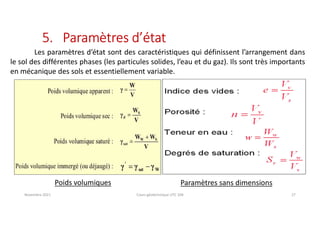 5. Paramètres d’état
Novembre 2021 Cours géotechnique UTC 104 27
Les paramètres d’état sont des caractéristiques qui définissent l’arrangement dans
le sol des différentes phases (les particules solides, l’eau et du gaz). Ils sont très importants
en mécanique des sols et essentiellement variable.
Poids volumiques Paramètres sans dimensions
 